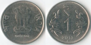 India 2013 1 Rupee Bombay KM# 394 Ashoka Lions Lotus Flowers Mintage: Unknown - Picture 1 of 3
