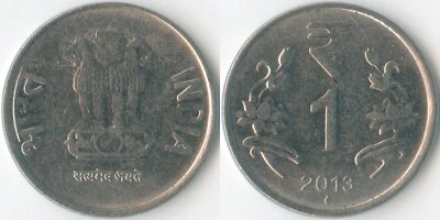 India 2013 1 Rupee Bombay KM# 394 Ashoka Lions Lotus Flowers Mintage: Unknown - Image 1 of 3
