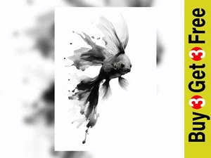 Aqua Shadows: Grayscale Betta Fish Silhouette Watercolor Print 5"x7" - Picture 1 of 6