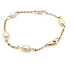Baroque Oval Pearl Bead Dainty Bracelet in14k Solid Yellow Gold 8.25"in