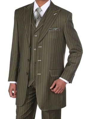 Men's 3 pcs Wool Feel Classic Gangster Pinstripe Suits with Vest 5903 Olive - Image 1 of 3