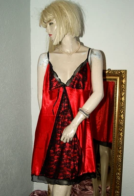 Glanz Negligee Hängerchen Babydoll Lingerie Nachtkleid SATIN rot schwarz XXL - Bild 1 von 3