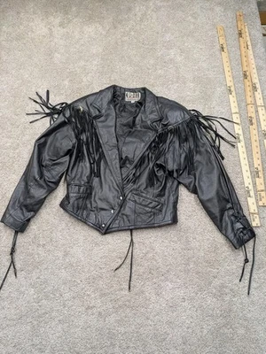 Vintage G-III Jill's Leather Jacket Womens Large Black Fringe Western Biker 90s - Image 1 of 4