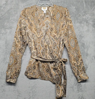Blusa Talbots Feminina Tamanho 12 Marrom Claro Seda Paisley Envoltório Completo Silencioso Luxo Preppy - Imagem 1 de 4