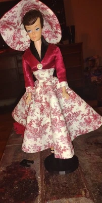 OOAK FITS BARBIE VINTAG RED & W FLORAL DOLL DRESS HAT   - Image 1 of 3