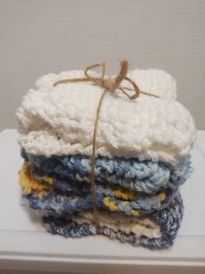 Handgefertigte gehäkelte Geschirrtücher 4er Set, blau gelb weiß - Bild 1 von 5