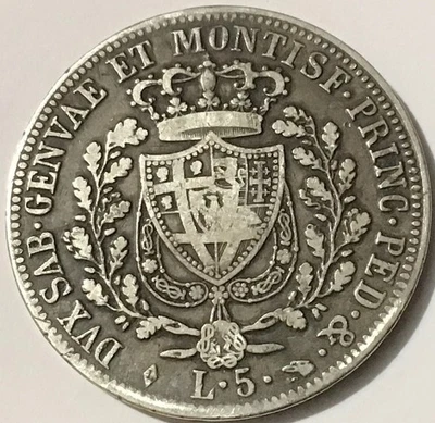 Corona de plata de 5 liras del estado italiano de Cerdeña 1825 KM-116,2 RARA Foto 1 de 2