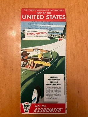 Vintage 1950s Tide Water Oil Map of the United States Map of US - Image 1 of 4
