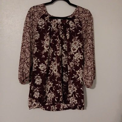 Blusa para mujer Croft & Barrow talla L borgoña/beige floral manga 3/4 elástica... Foto 1 de 4