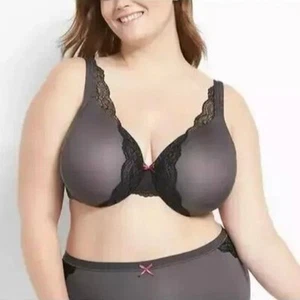 Cacique lightly lined full coverage smooth bra 44G 44 G gray black lace  - Picture 1 of 8