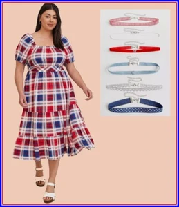 TORRID (2X) Americana Puff abito patriottico a strati a quadri rosso blu + 6p CHOKER - Foto 1 di 7