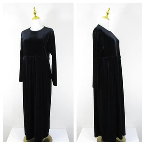 Vintage Womens Modest Solid black Velvet Long Sleeve Full Length Maxi Dress M - Picture 1 of 9