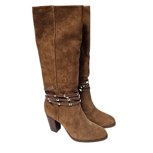 ANTONIO MELANI Binx Suede Wrap Studded Tie Tall Boots Brown Size 7.5 Narrow Calf - Picture 1 of 14