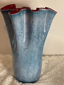  Large Art Glass Blue White Flecks Red Inside Ruffled Vase - Picture 1 of 7