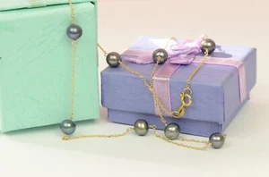 14k Yellow gold Freshwater Black Pearls by the yard 18" Necklace - Picture 1 of 8