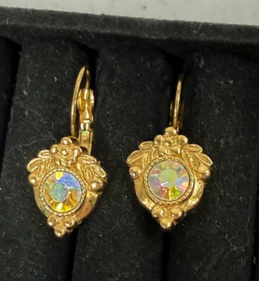 Vintage AVON Aurora Borealis Earrings GoldTone Leverback Floral Romantic Style - Image 1 of 4