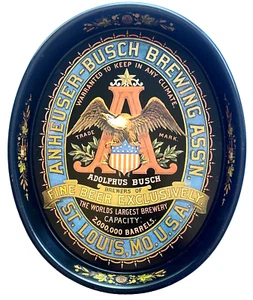VINTAGE ANHEUSER-BUSCH BREWERS “FINE BEER EXCLUSIVELY” OVAL METAL SERVING TRAY - Picture 1 of 4