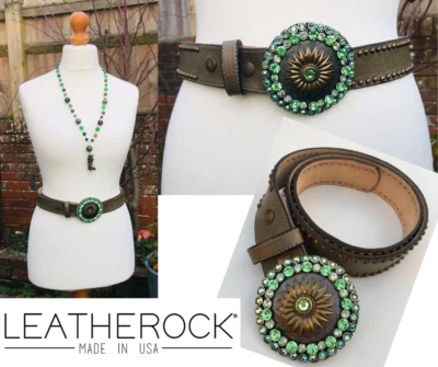 LEATHEROCK (EUA) Cinto de couro, OLIVE GREEN + Studs + Green Gems 💎 MED (34") VGC - Imagem 1 de 4