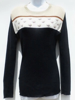 PRADA Black Navy Rib Knit Beige Ivory Pink Floral Long Sleeve Sweater Top 44 M - Image 1 of 4