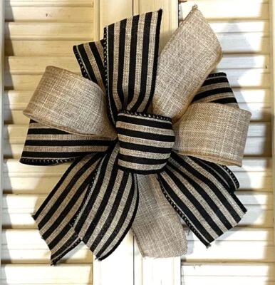 6 " FARMHOUSE STRIPE BOW WIRED RIBBON for TREE, PACAKAGES, WREATH # 219-C rb - Image 1 of 4