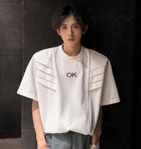 Hiphop Men's Youth Short Sleeve Loose Solid color Rivet Shoulder pads T-shirt - Picture 1 of 11