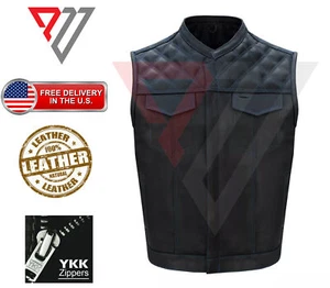 Men Black Genuine Leather Motorcycle Vest/Slim Fit Sleeveless Jacket/Biker Vest - Picture 1 of 2