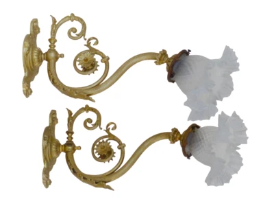 Antique PAIR French Gilt Bronze Brass Wall Light Sconce Rare Shade 19TH Rare - Image 1 of 4