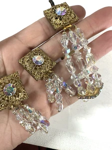 Vintage Bracelet AB Crystal Clip On Earrings Dangle Tassel Set Matching - Picture 1 of 7