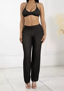 Women Crochet Outfits Two Piece Halter Top/Trousers Black Medium Stretch Hollow - Picture 1 of 20