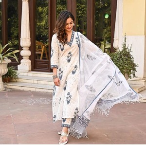 White Printed Work Straight Women Kurti Pant Dupatta Set Diwali Wear Gift Dress