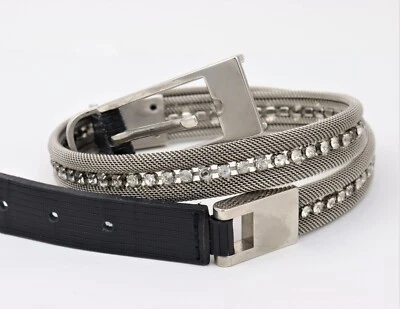 Cinturón de cuero de malla de cadena plateada con estrás transparente hecho en Italia de colección Nanni 70/28 Foto 1 de 4