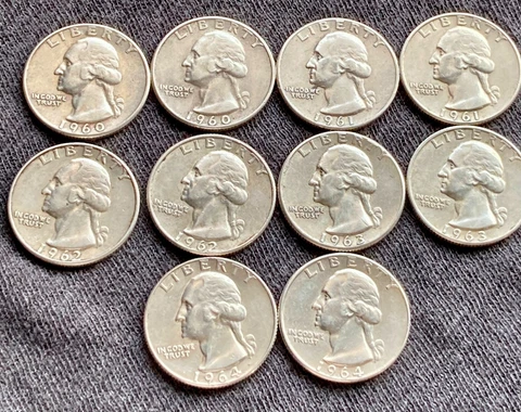 10 Washington Silver Quarters 1960, 1960D, 1961, 61D, 62, 62D, 63, 63D, 64, 64D Cover