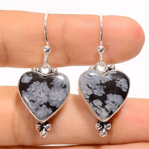 Snowflake Obsidian Gemstone Fashion Jewelry 925 Silver Earrings 1.5" ARE-4019 - Picture 1 of 3