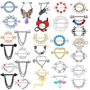 PAAR CHIRURGENSTAHL Brustwarzenringe Zungenring CZ Edelsteine Schild Barbell Piercing 14G - Bild 1 von 38