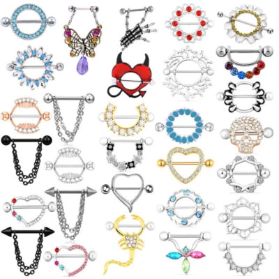 PAIR SURGICAL STEEL Nipple Rings Tongue Ring CZ Gems Shield Barbell Piercing 14G - Image 1 of 4