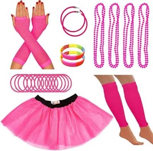 NEON PINK 80S FANCY DRESS SKIRT LEGWARMERS GLOVES ACCESSORIES HEN PARTY UV RAVE - Picture 1 of 7