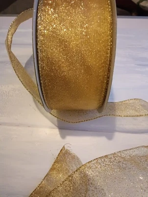 Gold Wide Ribbon 2.5 inch  Translucent Glitter Speckled Christmas Festive Sheer - Image 1 of 4