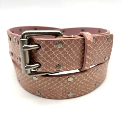 Vintage Y2K Baby Pink Snakeskin Genuine Leather Studded Double Prong Belt M 32" - Image 1 of 4