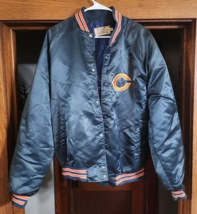 Chaqueta de bombardero satinada de colección años 80 Chicago Bears NFL fútbol americano línea tiza SPELLOUT - Imagen 1 de 7