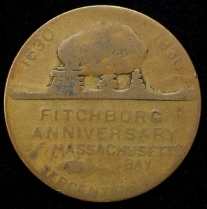 1930 Fitchburg, Massachusetts Tercentenary Rollstone Boulder Medal Brass 31mm - Picture 1 of 2