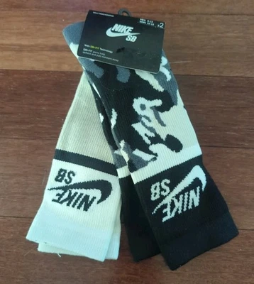 Nike SB Dri-Fit экипажа середины икры носки мужской размер (8-12) новый 2 пары черный камуфляж/белый - Изображение 1 из 4