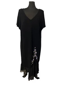 VTG Dressbarn Sz 24W Black Embroidered Floral Shift Dress Short Sleeve Ruffled - Picture 1 of 7