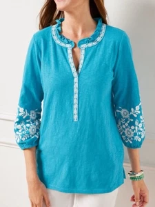 Top túnica para mujer TALBOTS M bordado algodón ligero azul aguamarina costero - Imagen 1 de 17