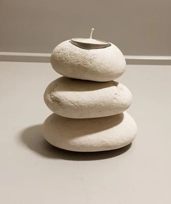 Triple Three Stone Candle Tea Light Holder. Cream White Pebbles. Votive. Candle. - Image 1 of 4
