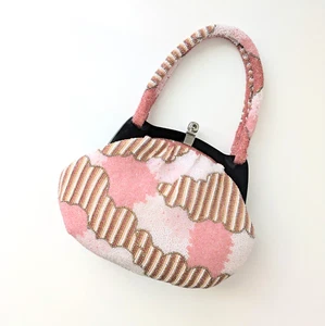 Japanese Vintage Beaded Evening Bag Pink Stripes and Clouds 9x6 inch - Picture 1 of 18