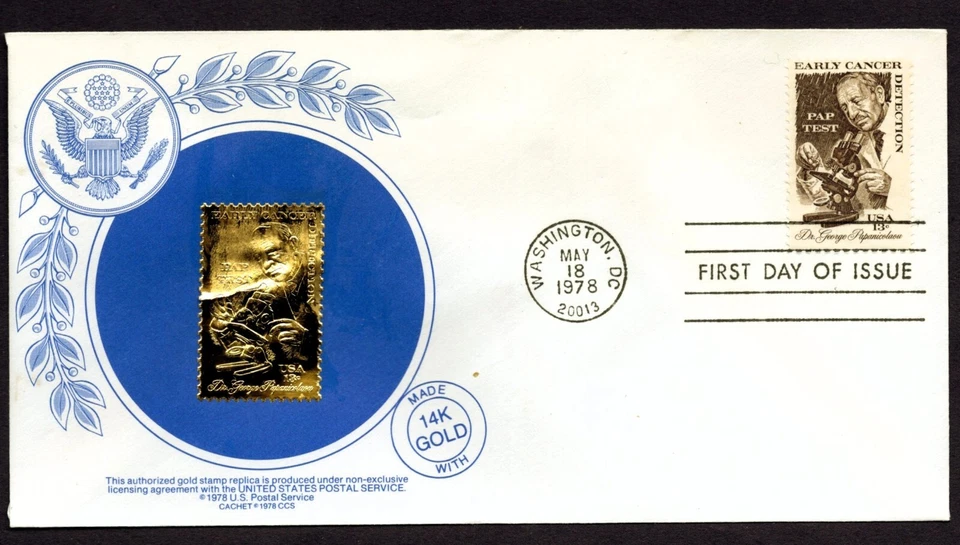 1978 Gold Replica FDC – #1754 Early Cancer Detection – USPS 1st Day - Image 1 of 2