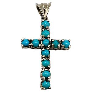 Vintage 14k White Gold Natural Persian Blue Turquoise Cross Pendant 1.50"