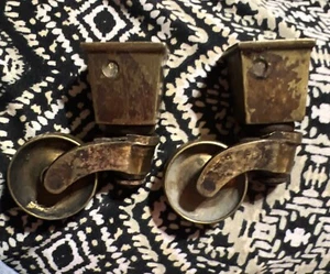Antique Brass Swivel Square Cup Heavy Furniture Casters Metal Wheel Set Of 2 - Picture 1 of 9