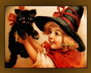 5x7 BEAUTIFUL CHILD WITCH w/ Cat ~ Red Head Girl Vintage Halloween Art Print