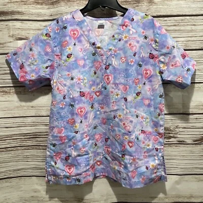 -NEAR MINT- Womens Medium Iskrabs V Neck Scrub Shirt Breast Cancer Ladybugs - Image 1 of 4